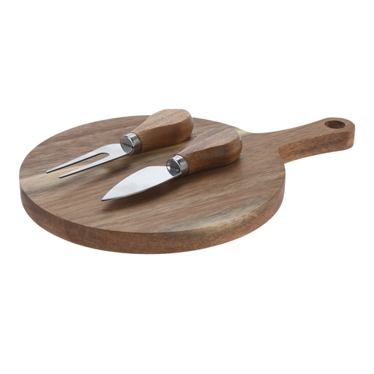 Round Acacia Wood Serving Board with Knife Set