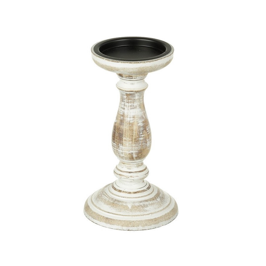 Distressed Wooden White Wash Candlestick Holder