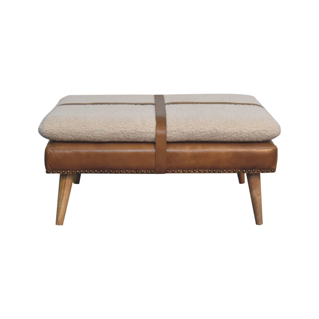 Large Square Bouclé Buffalo Brown Leather Footstool