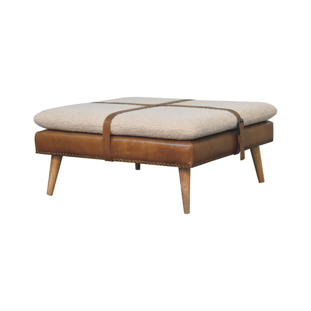 Large Square Bouclé Buffalo Brown Leather Footstool