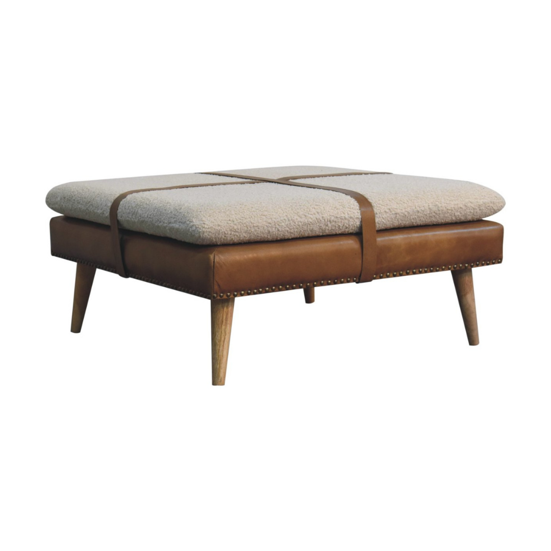 Large Square Bouclé Buffalo Brown Leather Footstool