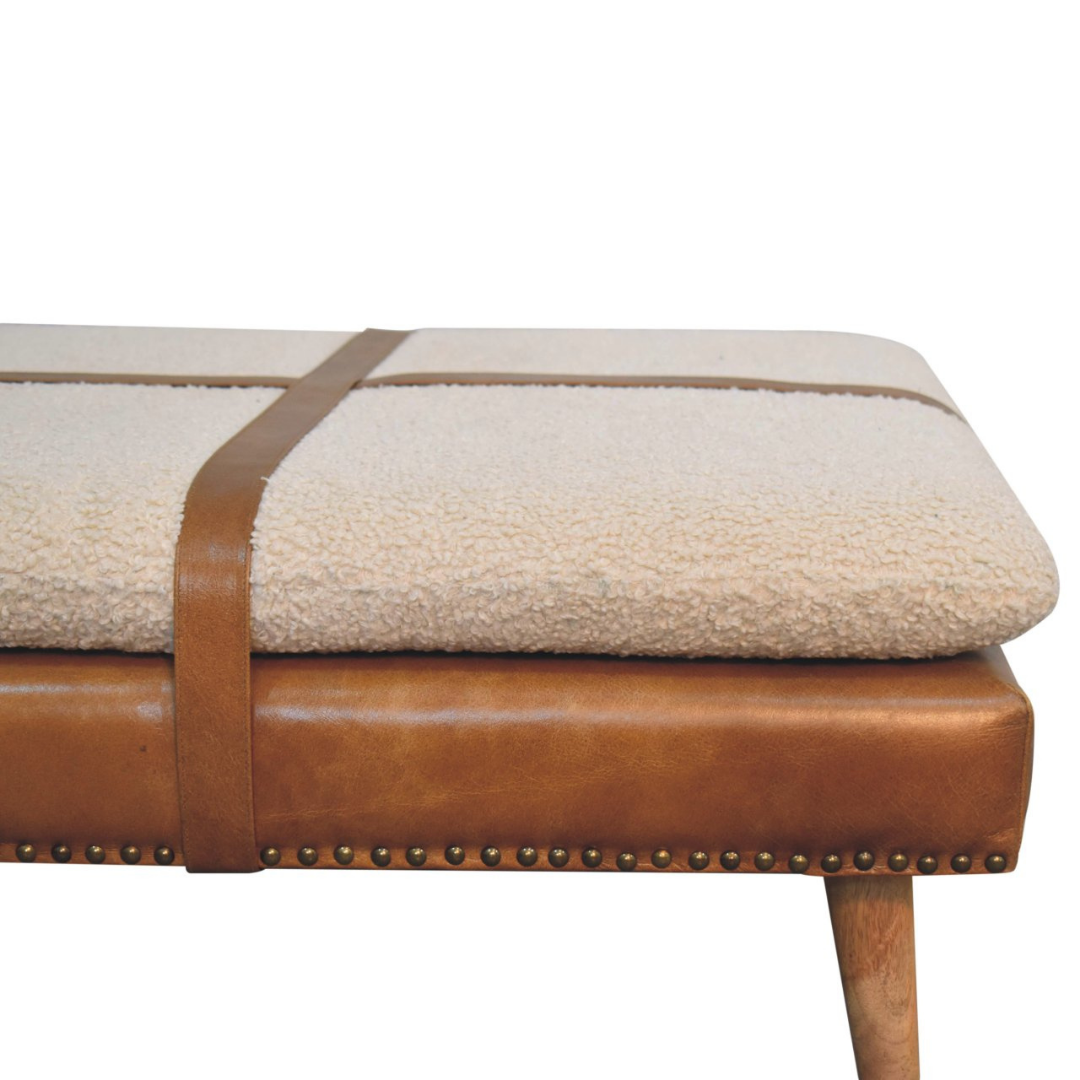Large Square Bouclé Buffalo Brown Leather Footstool