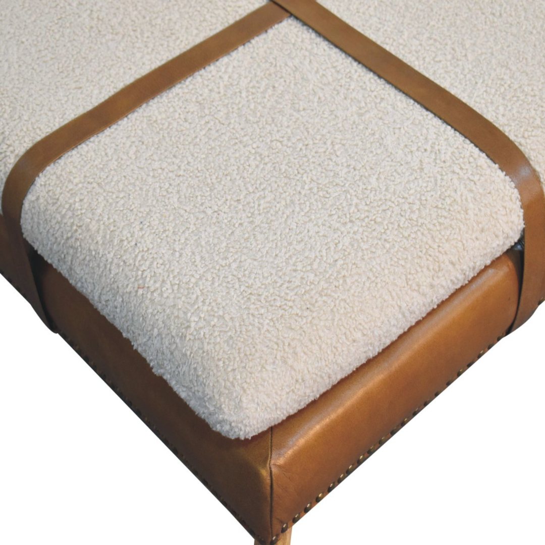 Large Square Bouclé Buffalo Brown Leather Footstool