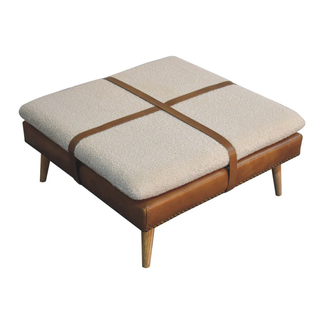 Large Square Bouclé Buffalo Brown Leather Footstool