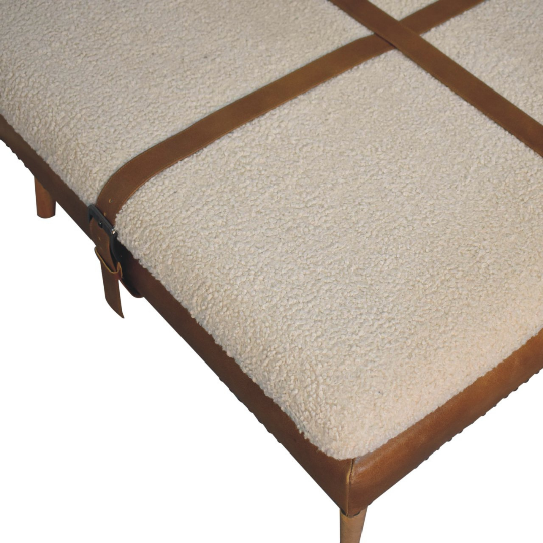 Large Square Bouclé Buffalo Brown Leather Footstool