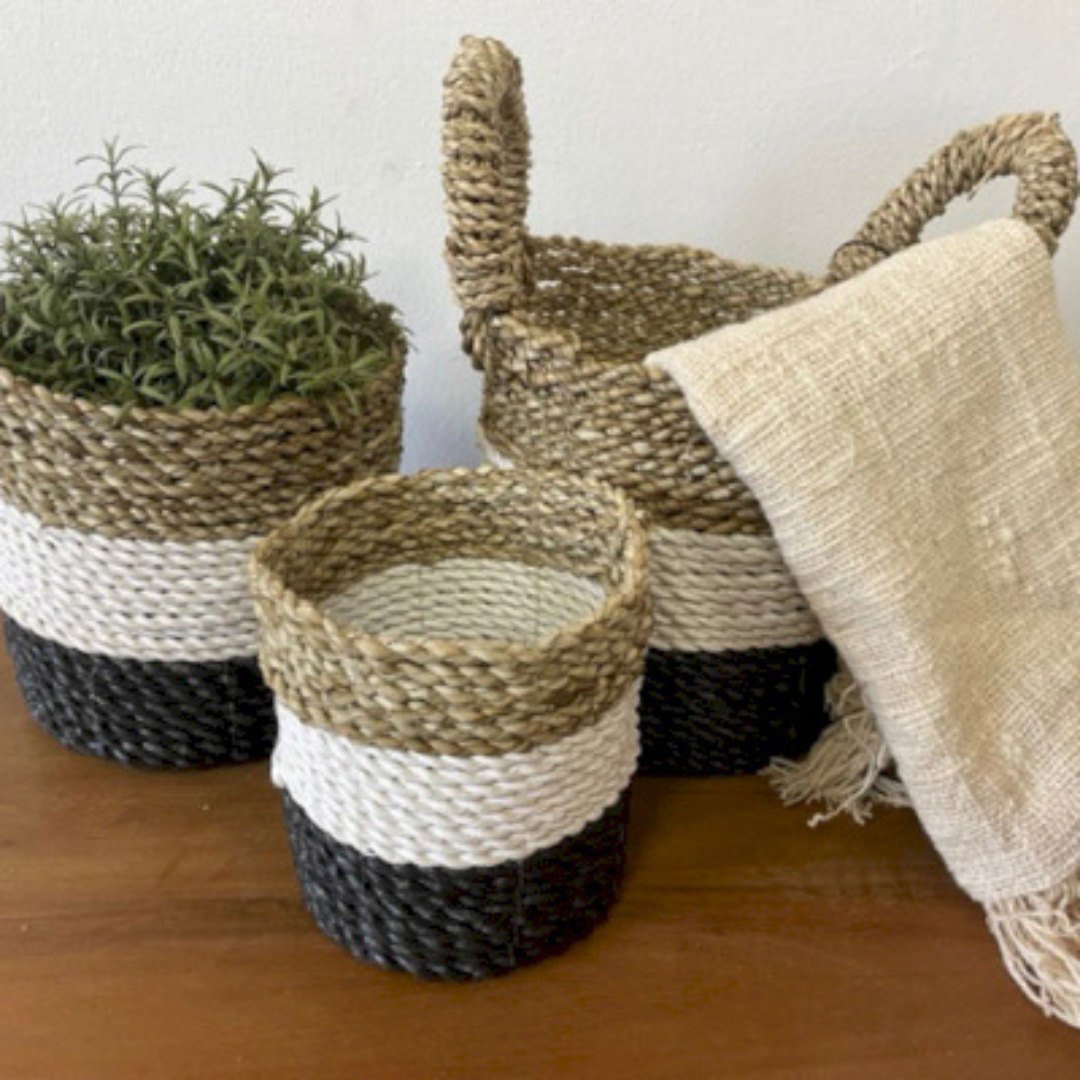 Seagrass Basket Set - Dark Grey/White/Natural