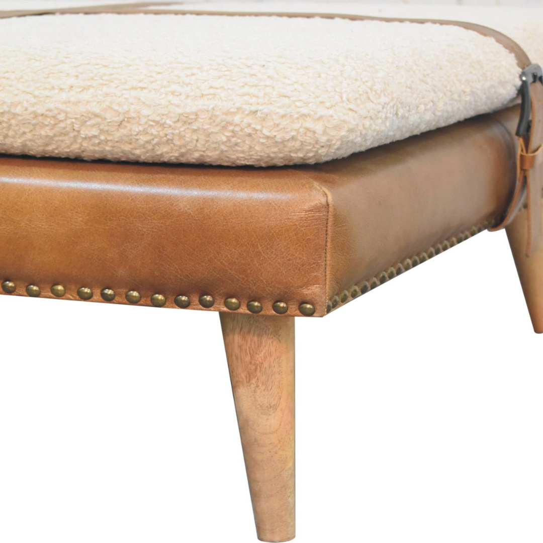 Large Square Bouclé Buffalo Brown Leather Footstool