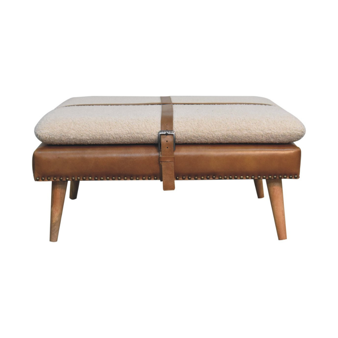 Large Square Bouclé Buffalo Brown Leather Footstool
