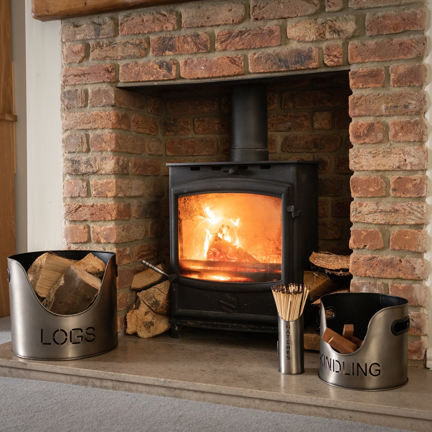 Pewter Logs And Kindling Buckets & Matchstick Holder
