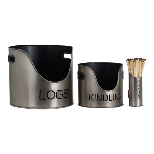 Pewter Logs And Kindling Buckets & Matchstick Holder
