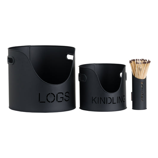 Black Logs And Kindling Buckets & Matchstick Holder