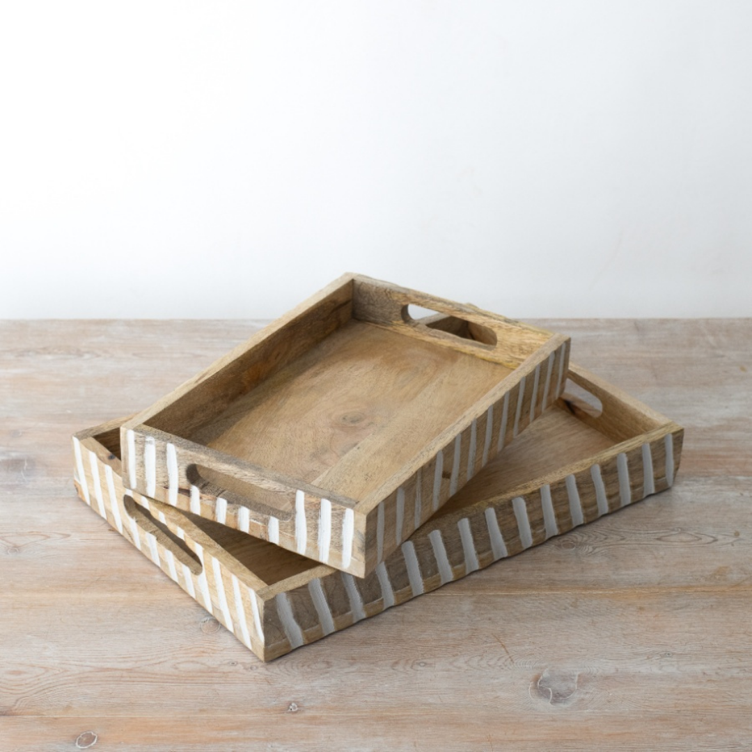Large White Wash Wooden Tray