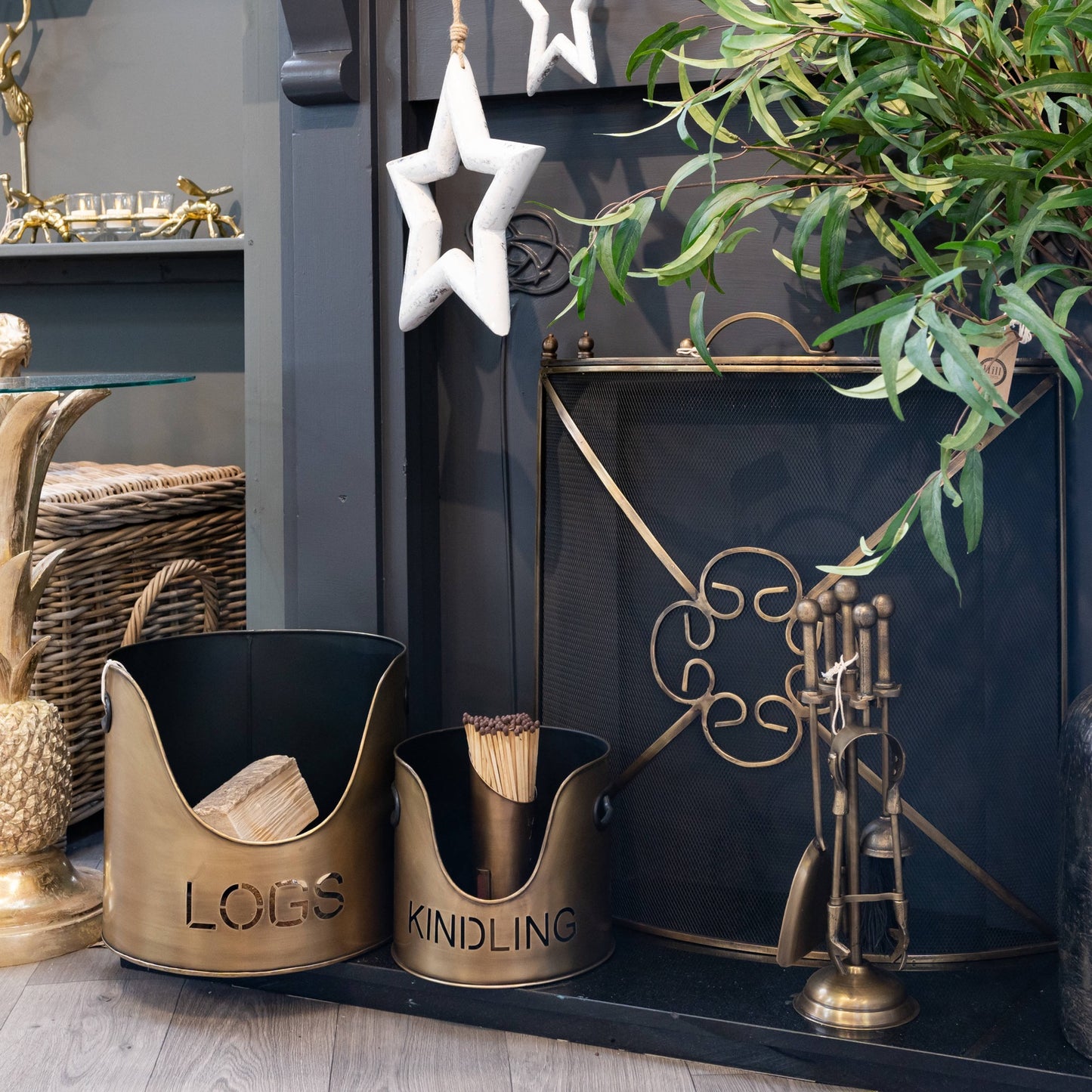 Bronze Logs And Kindling Buckets & Matchstick Holder