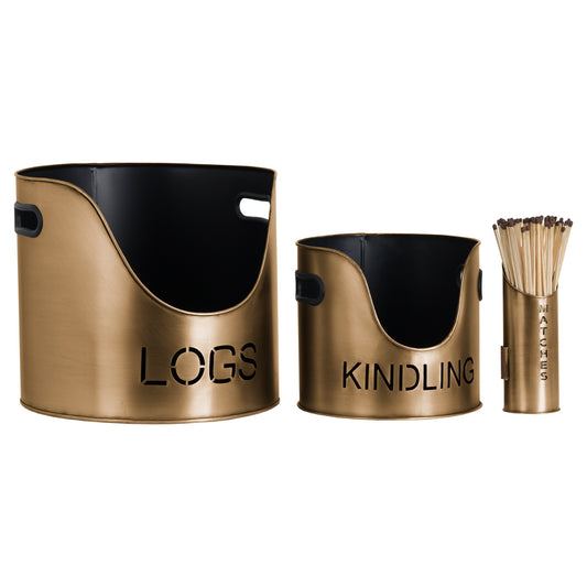 Bronze Logs And Kindling Buckets & Matchstick Holder