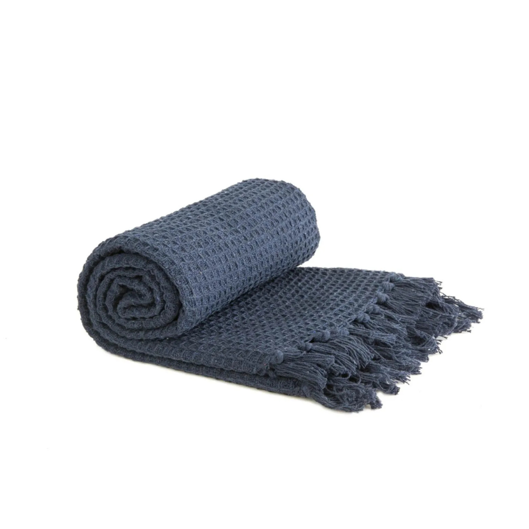 Navy Cotton Honeycomb Waffle Throw