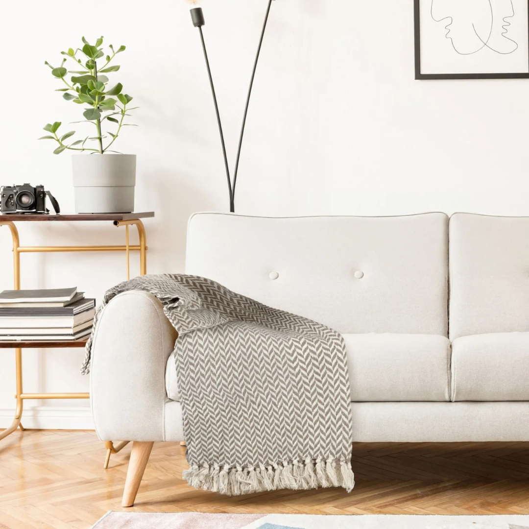 Taupe Cotton Chevron Throw/Picnic Blanket