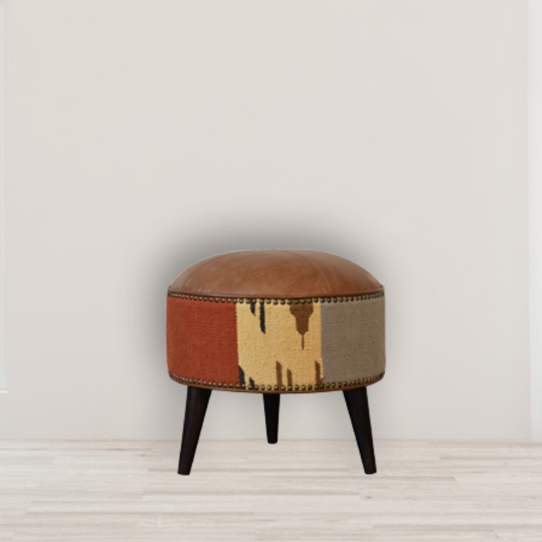 Durrie & Leather Mixed Footstool