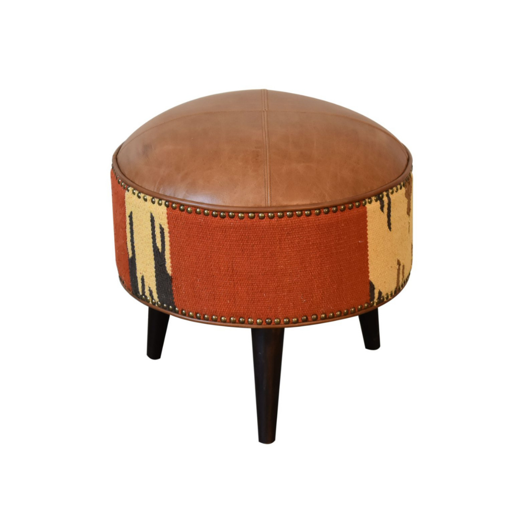 Durrie & Leather Mixed Footstool