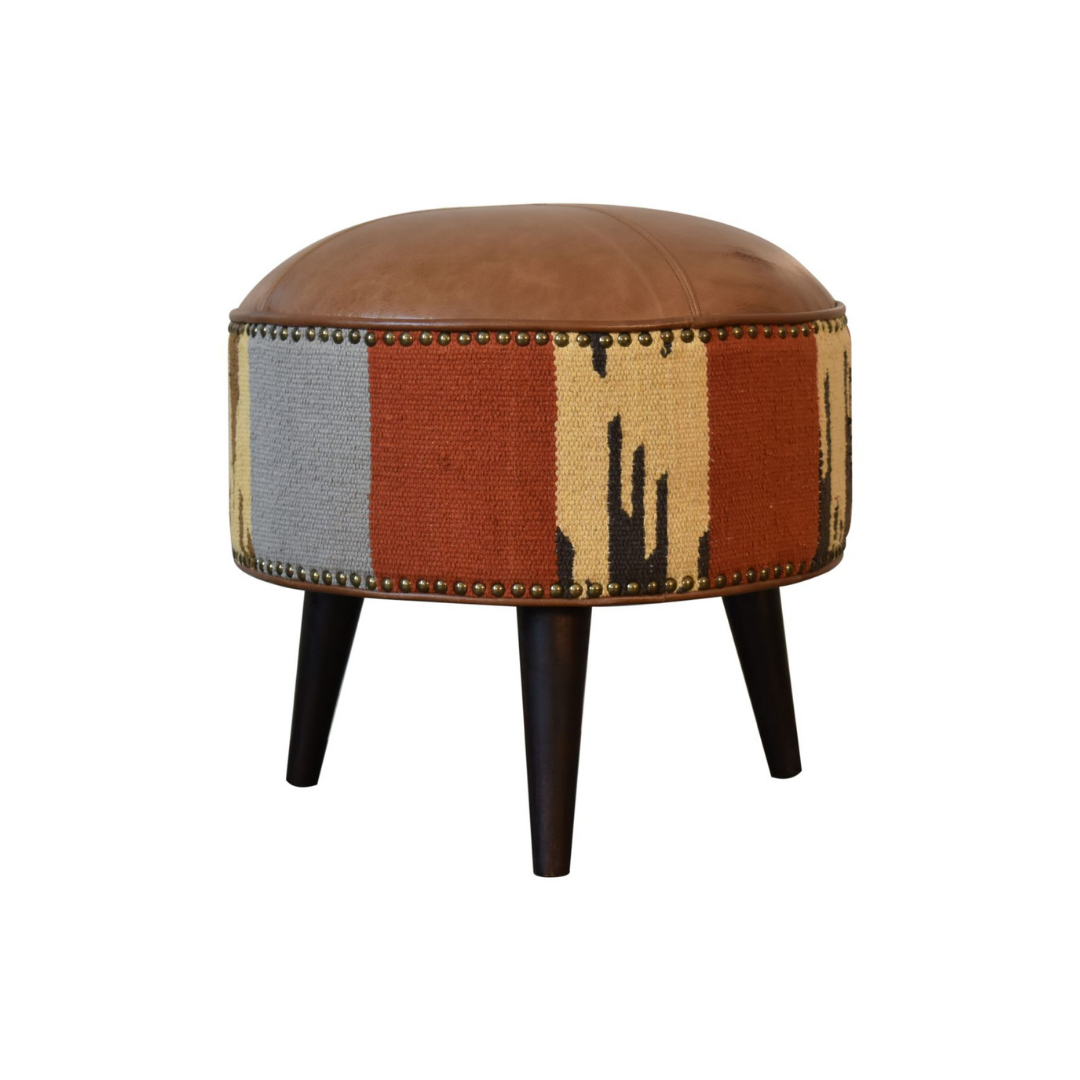 Durrie & Leather Mixed Footstool