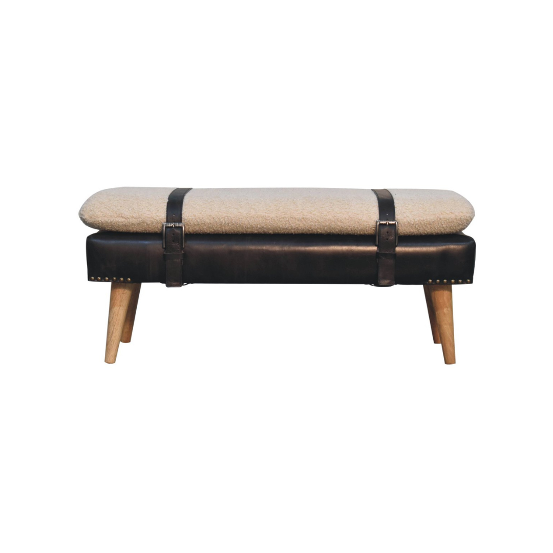 Bouclé Buffalo Hide Black Leather Bench