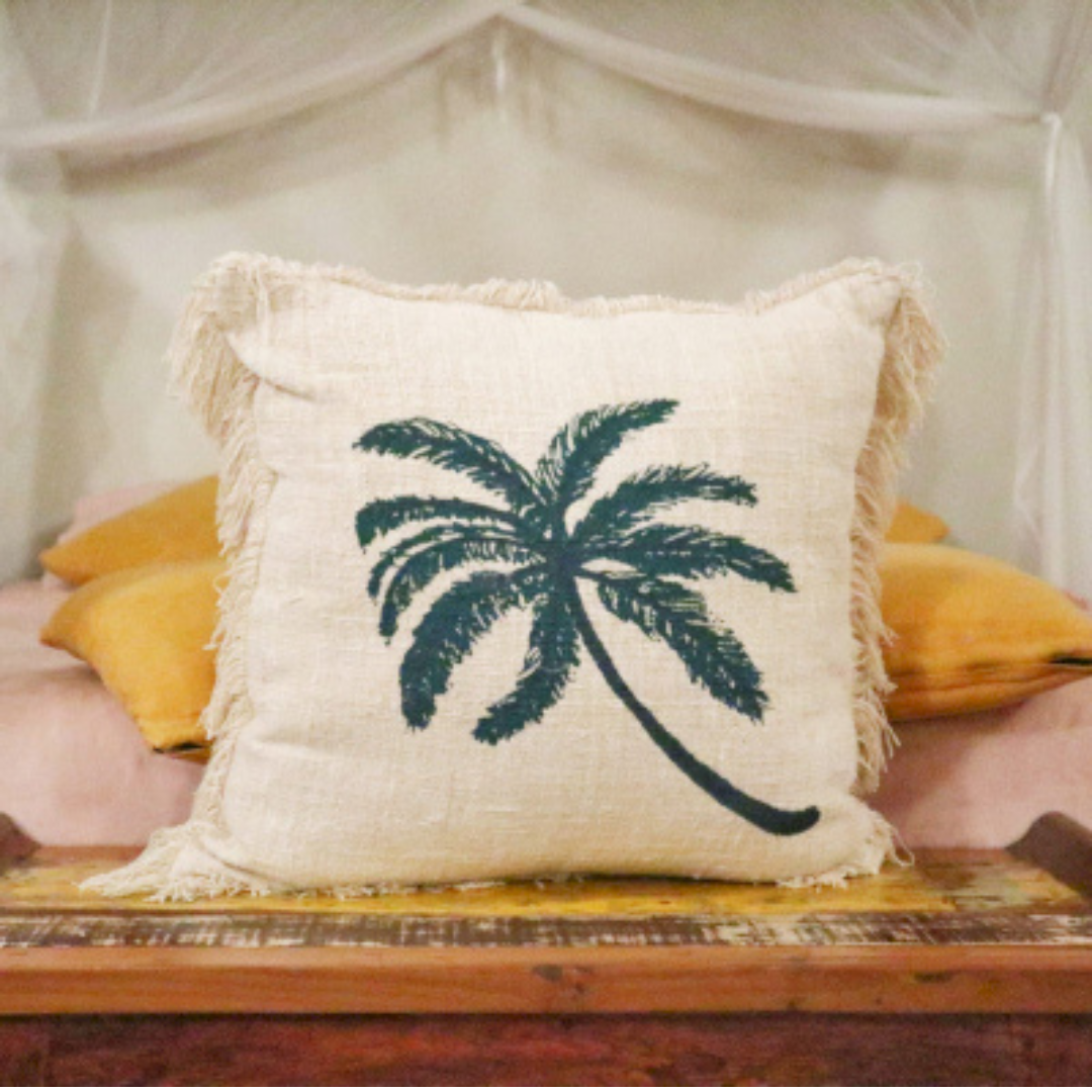 Linen Palm Tree Cushion Cover With Fringe - 60x60cm