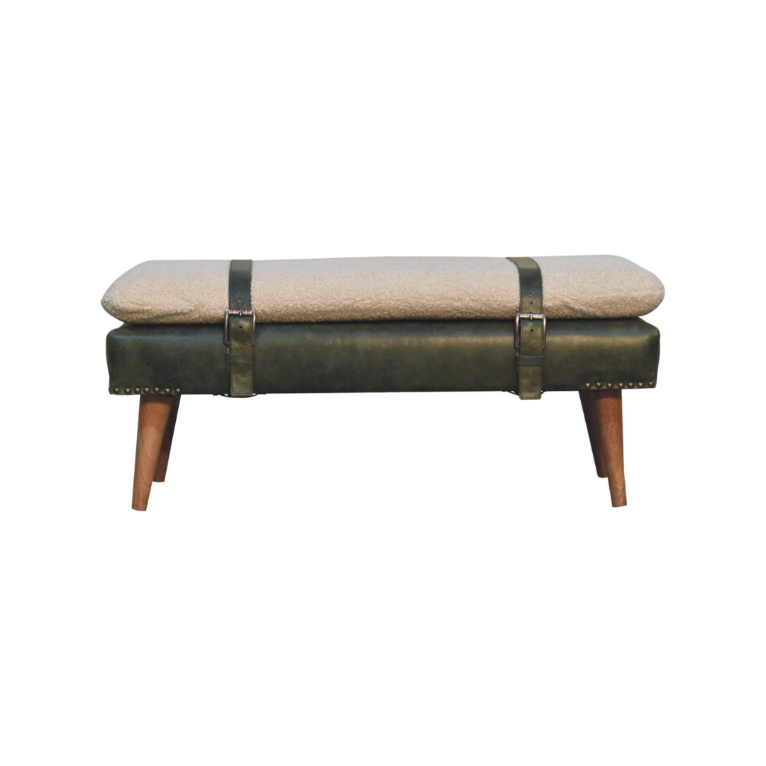 Bouclé Buffalo Hide Olive Green Leather Bench