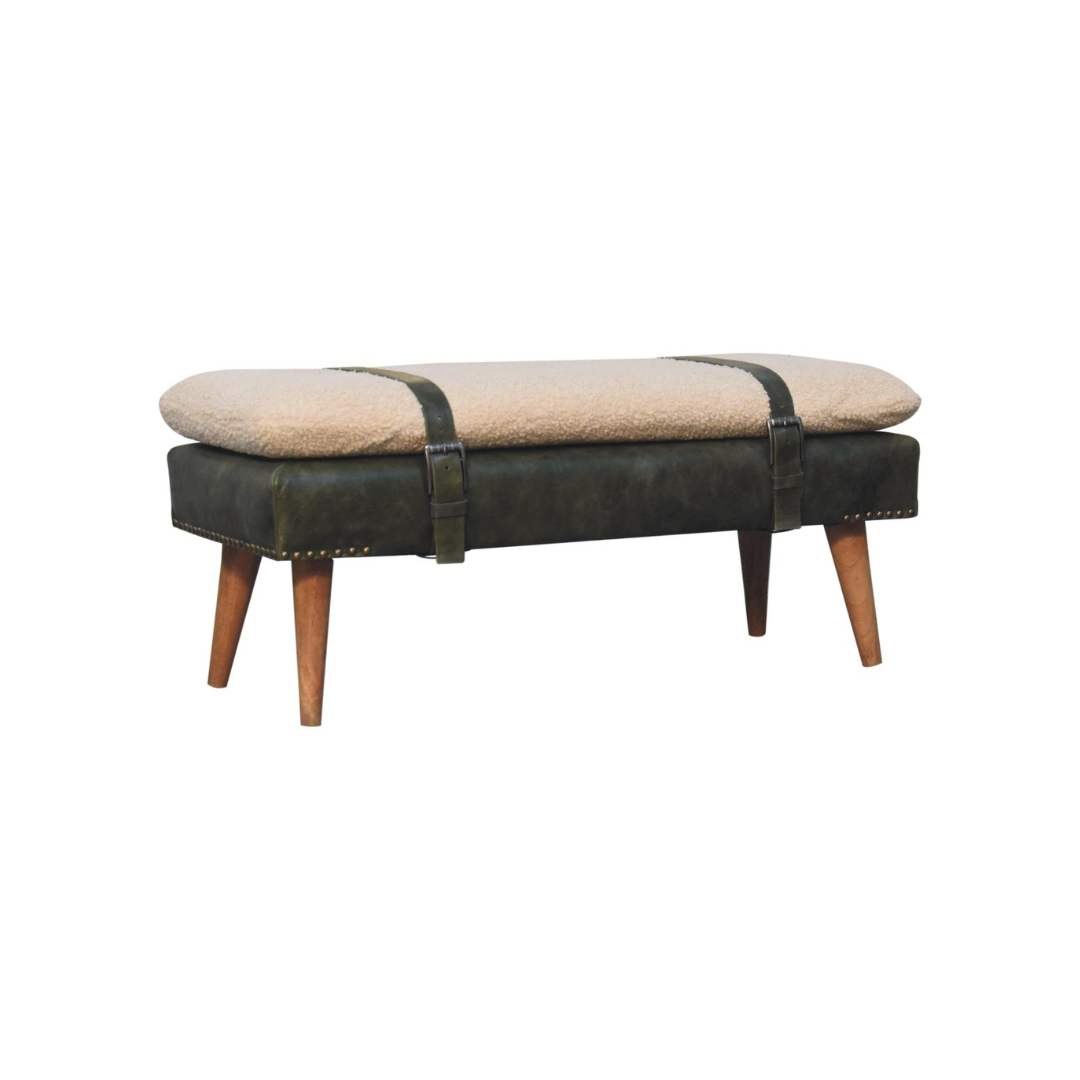 Bouclé Buffalo Hide Olive Green Leather Bench