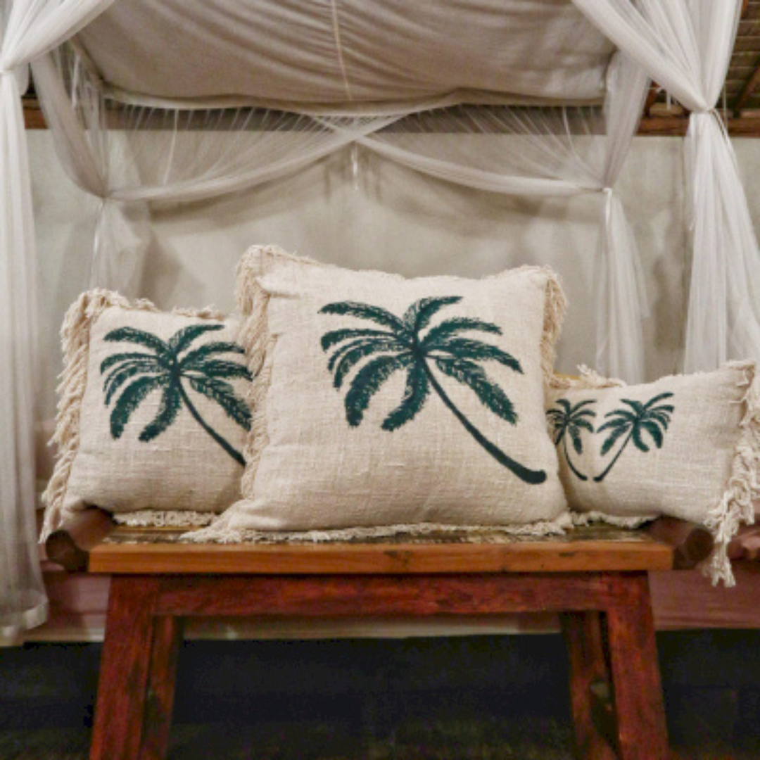 Linen Palm Tree Cushion Cover With Fringe - 60x60cm