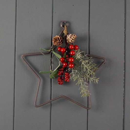 Star Shaped Wire Wreath with Faux Foliage and Brass Bells, 20cm