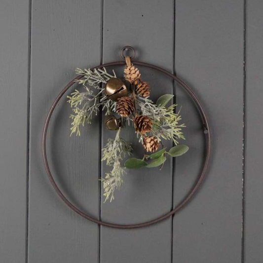 Wire Wreath with Faux Foliage and Brass Bells, 20 cm