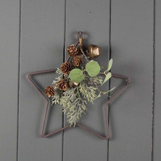 Star Wire Wreath with Faux Foliage and Brass Bells, 20cm