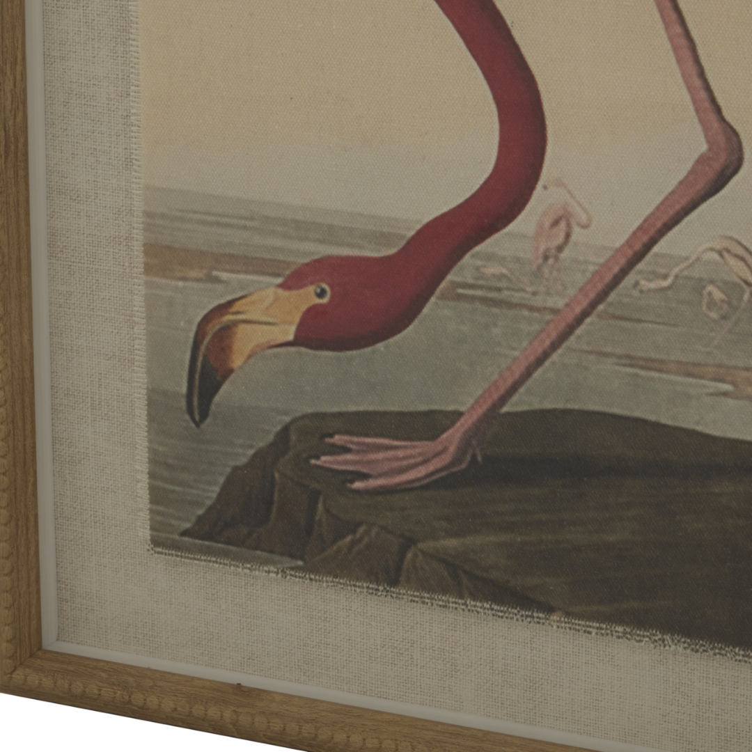 Flamingo On Linen In Beaded Frame
