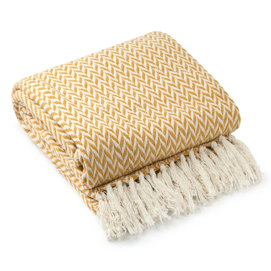 Ochre Chevron Pattern Cotton Throw Blanket