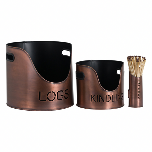 Copper Logs And Kindling Buckets & Matchstick Holder