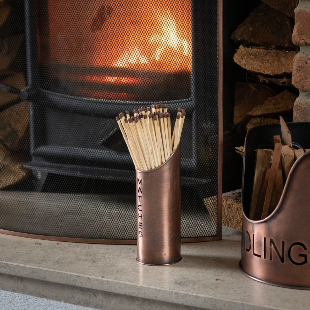 Copper Logs And Kindling Buckets & Matchstick Holder