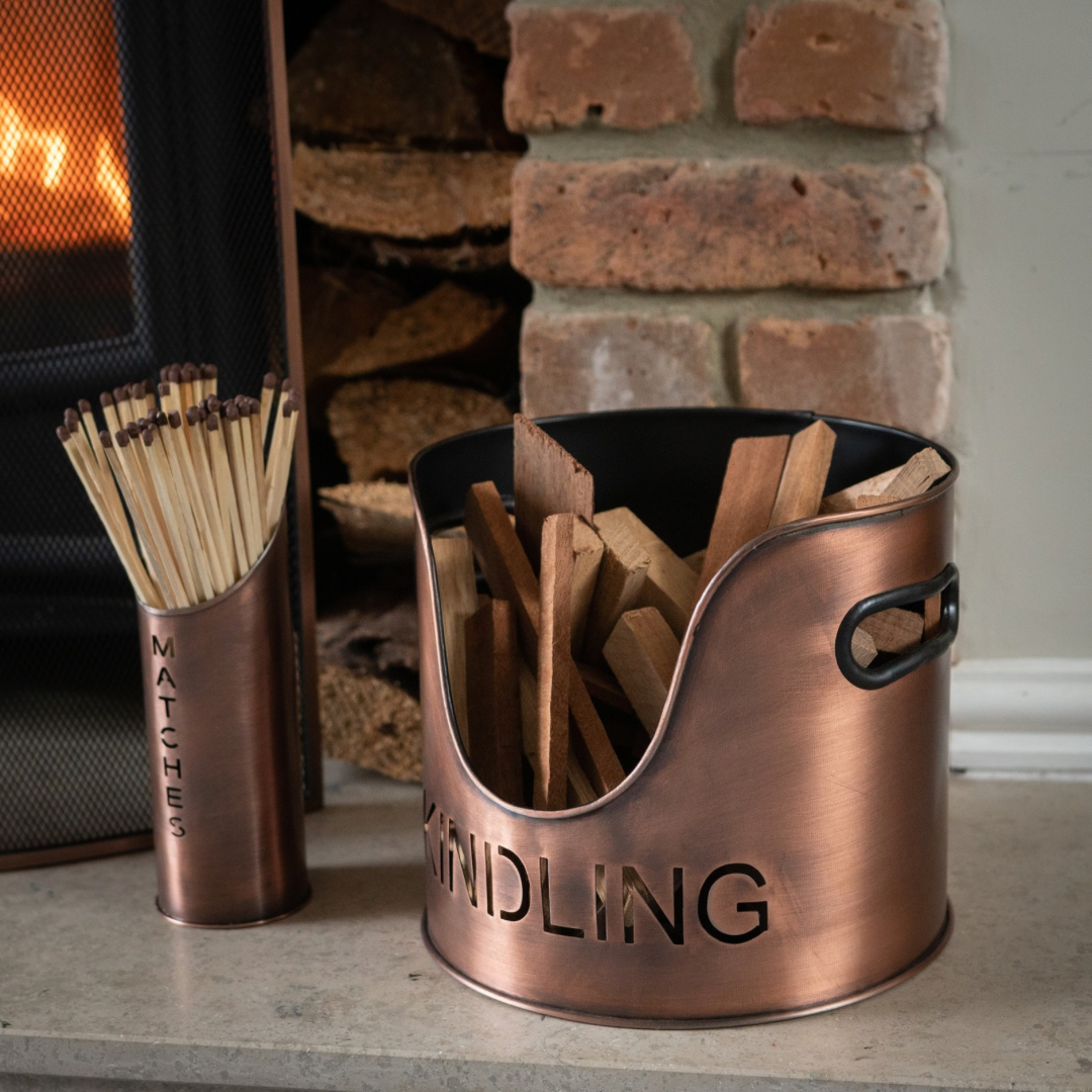 Copper Logs And Kindling Buckets & Matchstick Holder