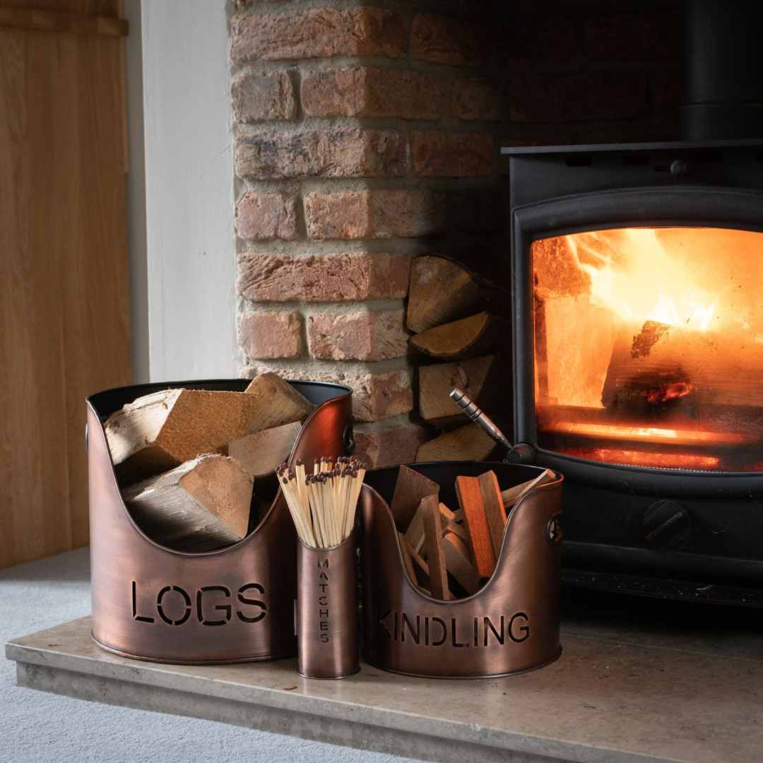 Copper Logs And Kindling Buckets & Matchstick Holder