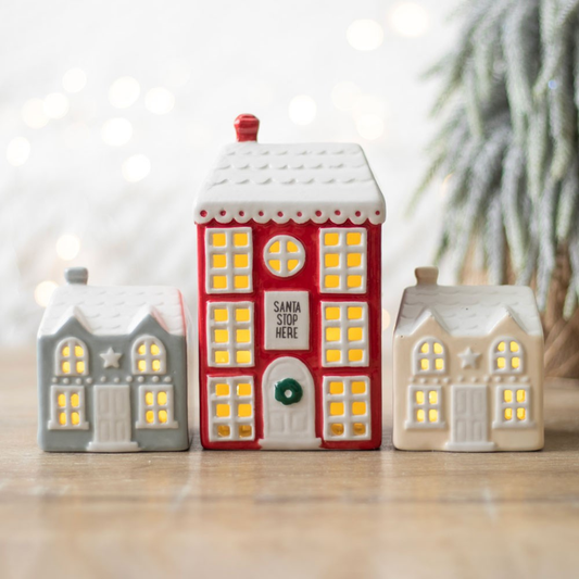 Ceramic Christmas Village Houses with LED Lights, Set of 3