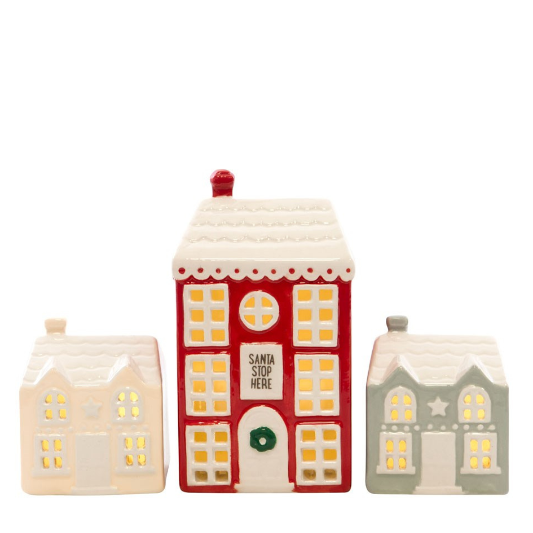 Ceramic Christmas Village Houses with LED Lights, Set of 3