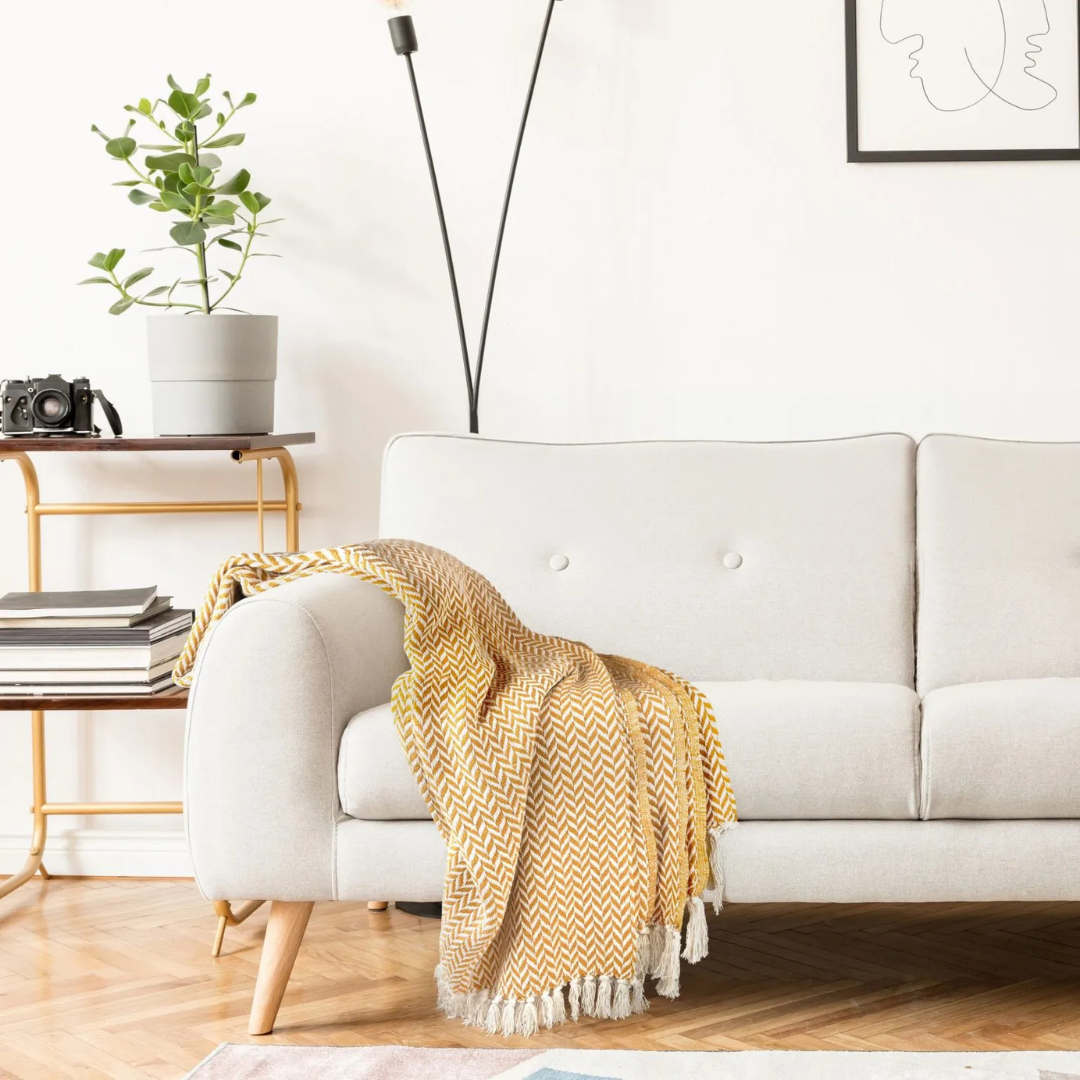 Ochre Chevron Pattern Cotton Throw Blanket