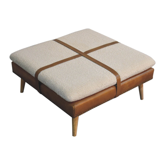 Large Square Bouclé Buffalo Brown Leather Footstool