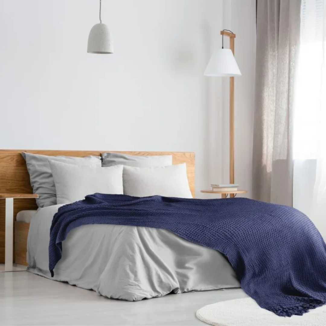 Navy Cotton Honeycomb Waffle Throw