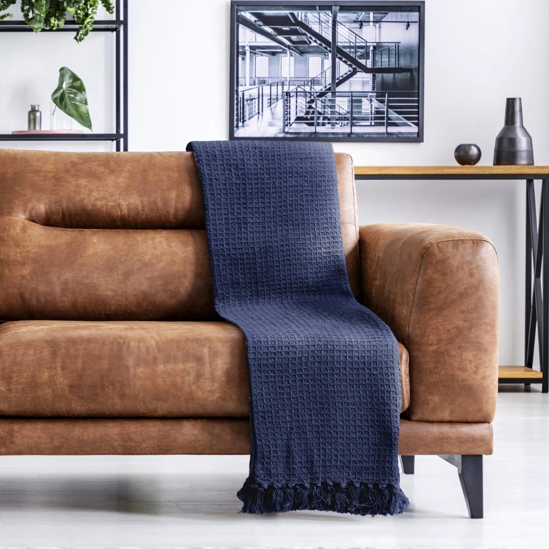 Navy Cotton Honeycomb Waffle Throw