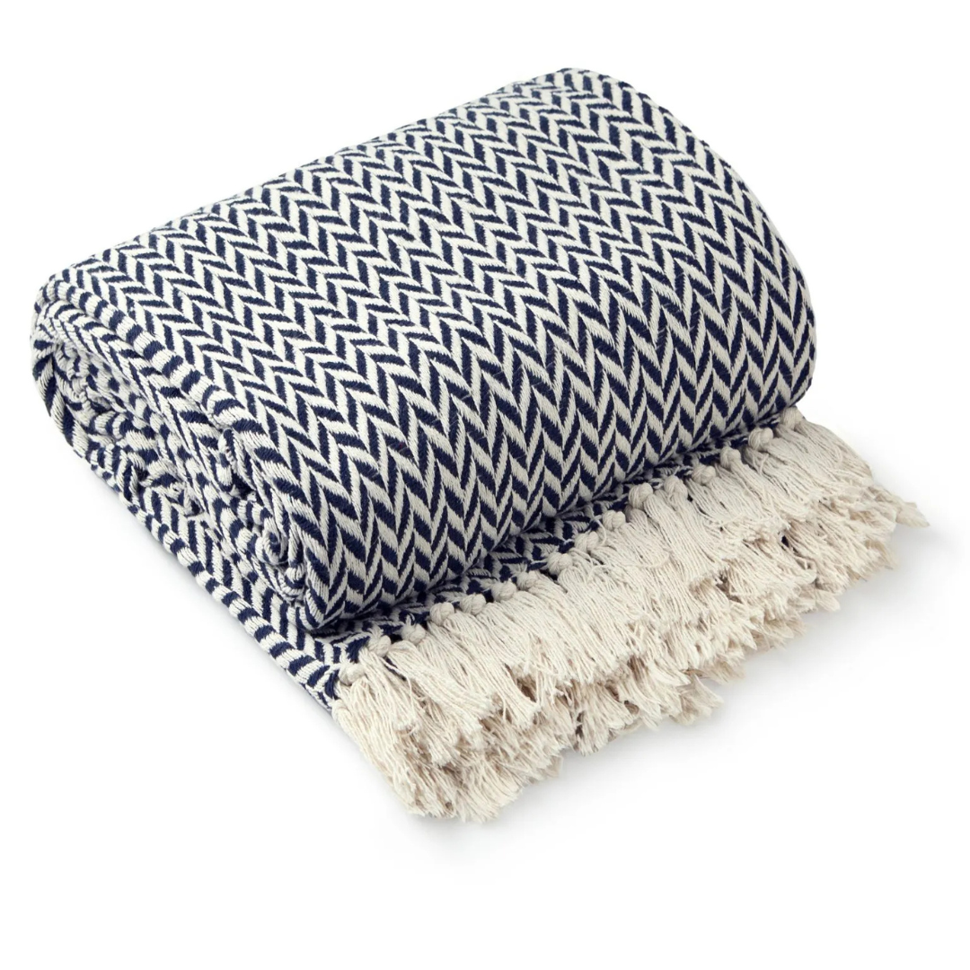 Navy Blue and White Chevron Pattern Cotton Throw Blanket