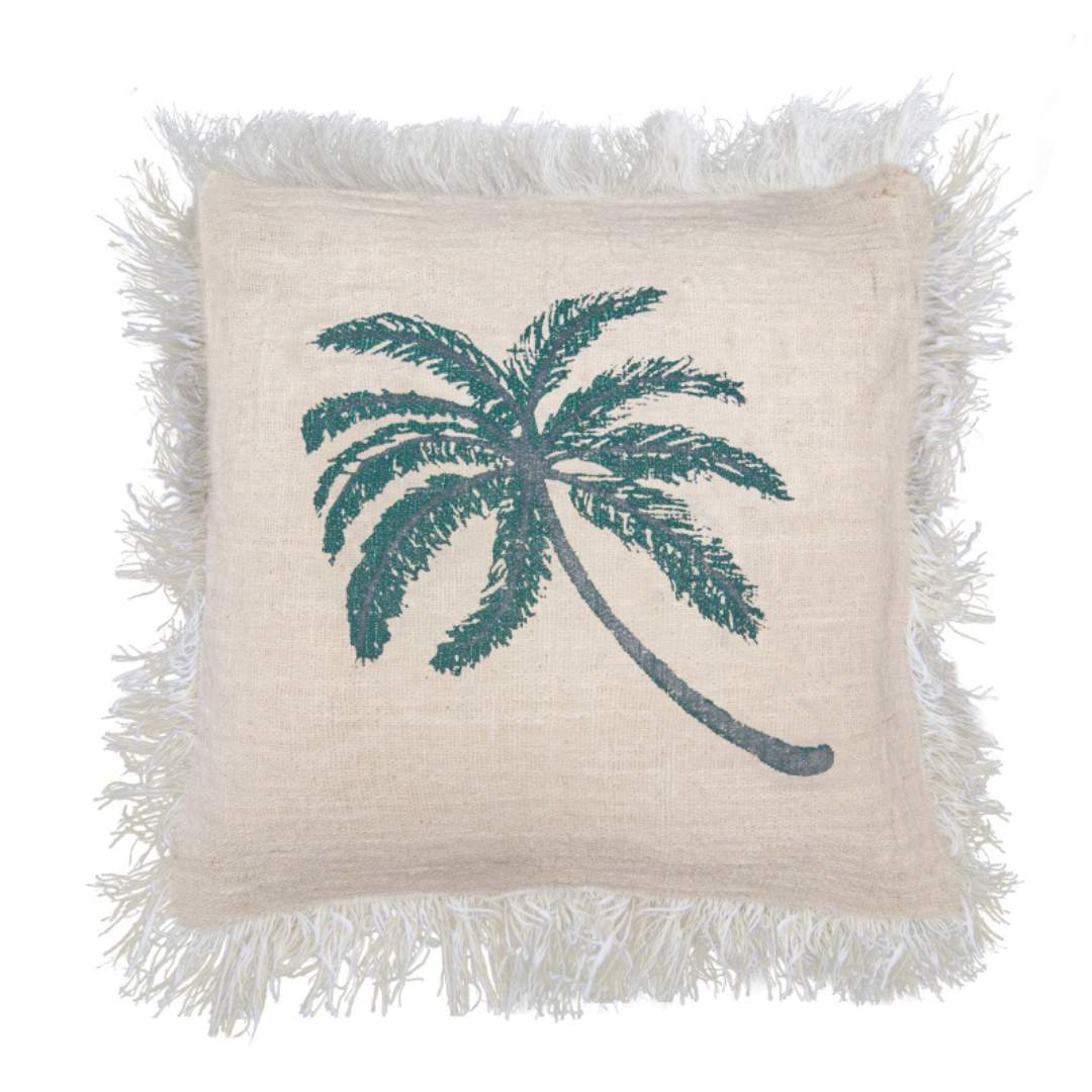 Linen Palm Tree Cushion Cover With Fringe - 60x60cm