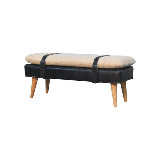 Bouclé Buffalo Hide Black Leather Bench