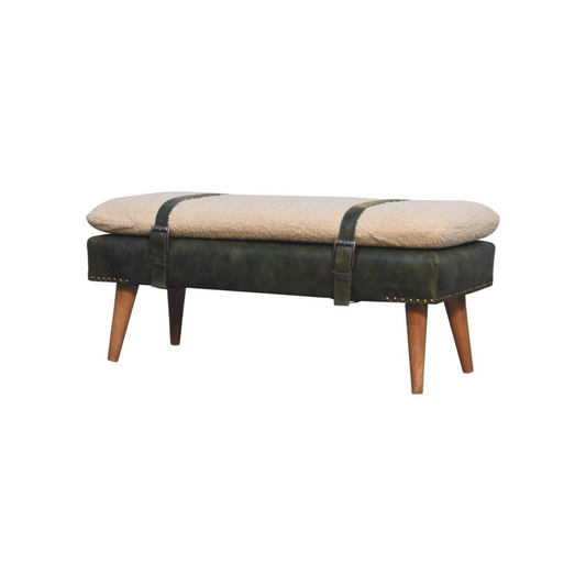 Bouclé Buffalo Hide Olive Green Leather Bench